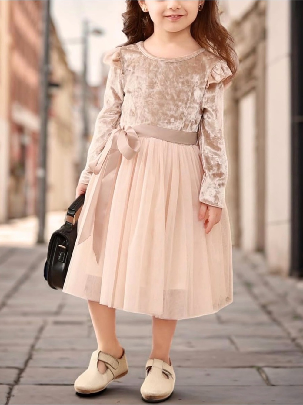 Girls Velvet & Tulle Bow Waist Dress in Blush